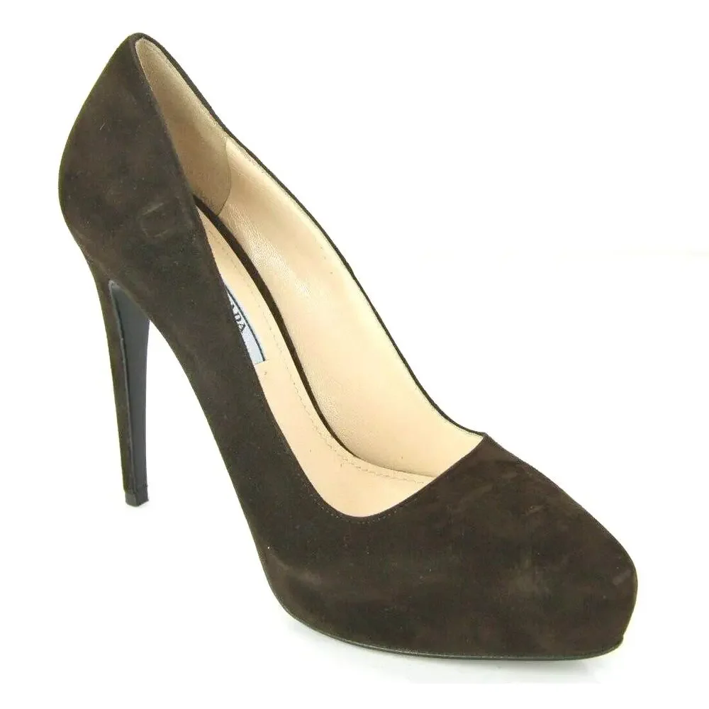 Prada Classic Brown Suede Leather Hidden Platform Heel Pump Pointy Toe NIB